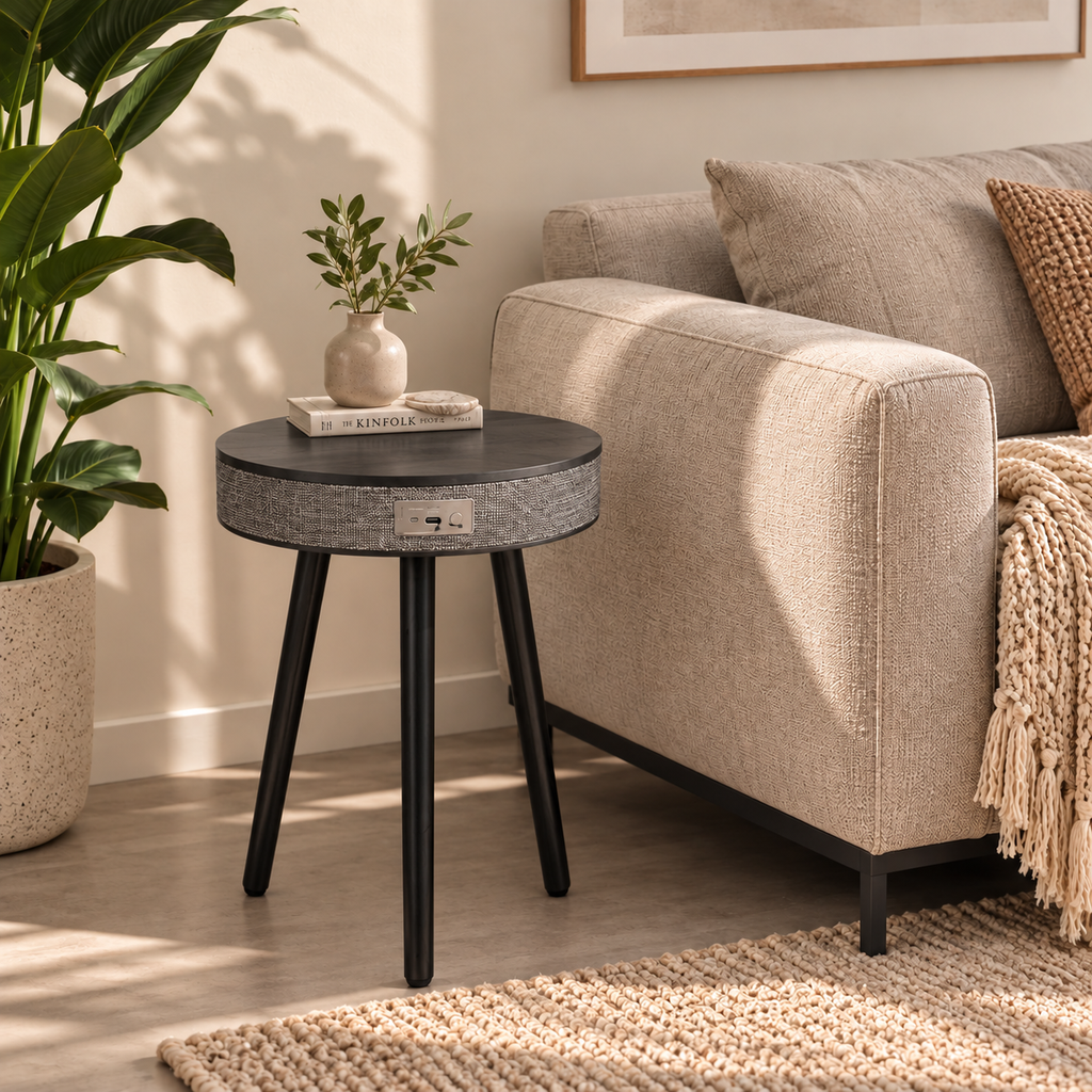 Mesa auxiliar inteligente con altavoz bluetooth y carga inalámbrica