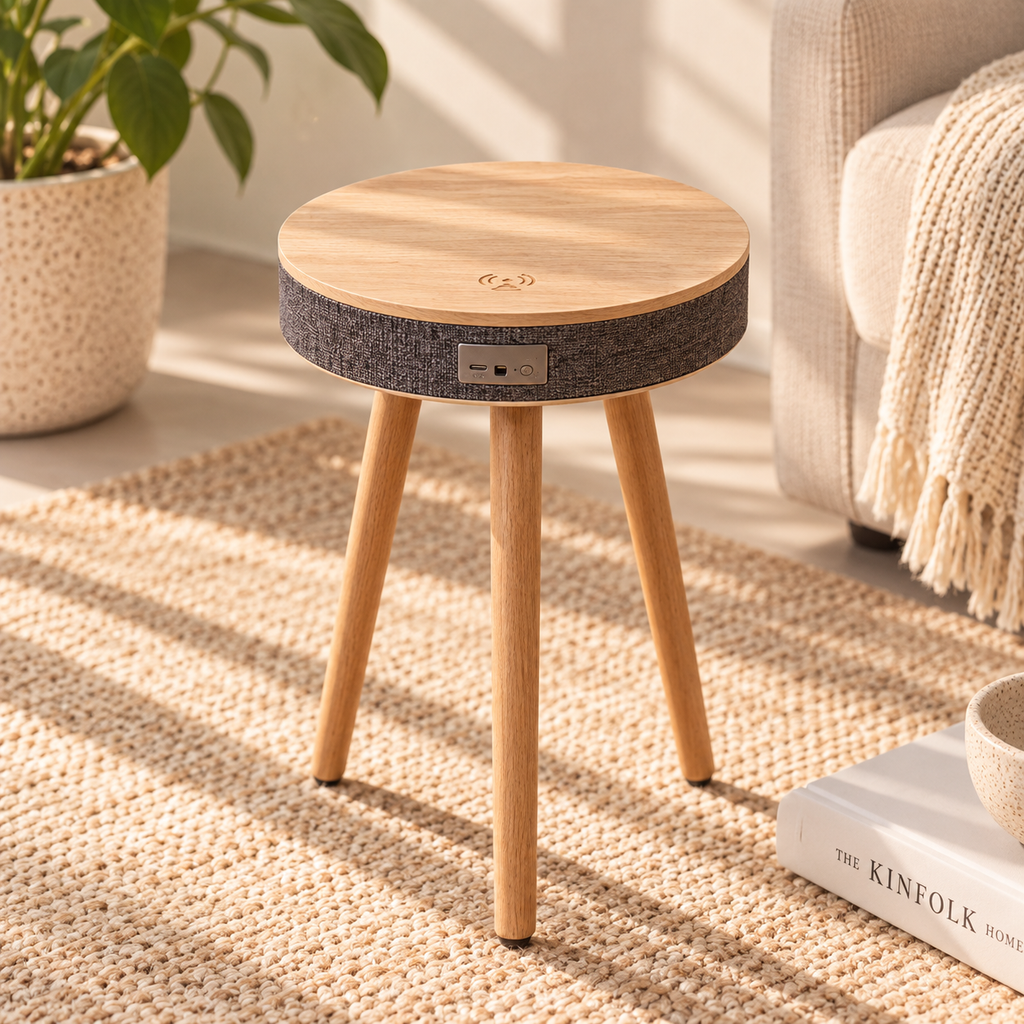 Mesa auxiliar inteligente con altavoz bluetooth y carga inalámbrica