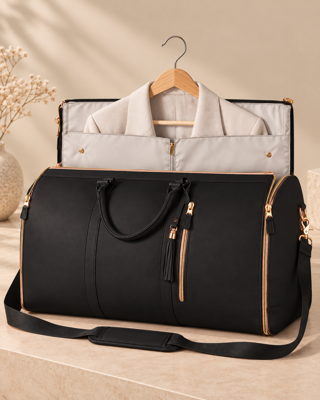Bolsa de viaje plegable negra con cremalleras doradas