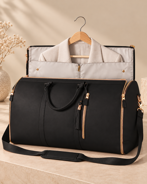 Bolsa de viaje plegable negra con cremalleras doradas