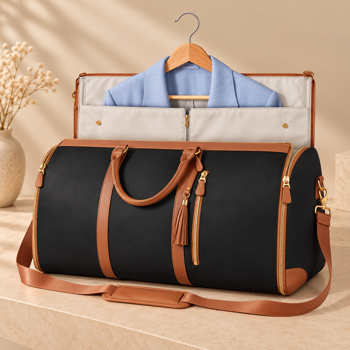 Bolsa de viaje plegable negra con asas de cuero marrón