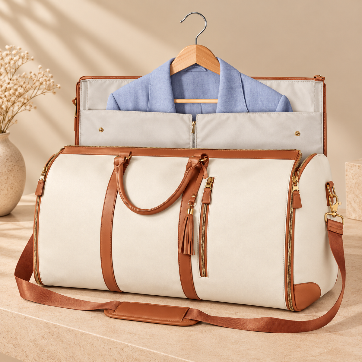 Bolsa de viaje plegable beige con asas de cuero marrón