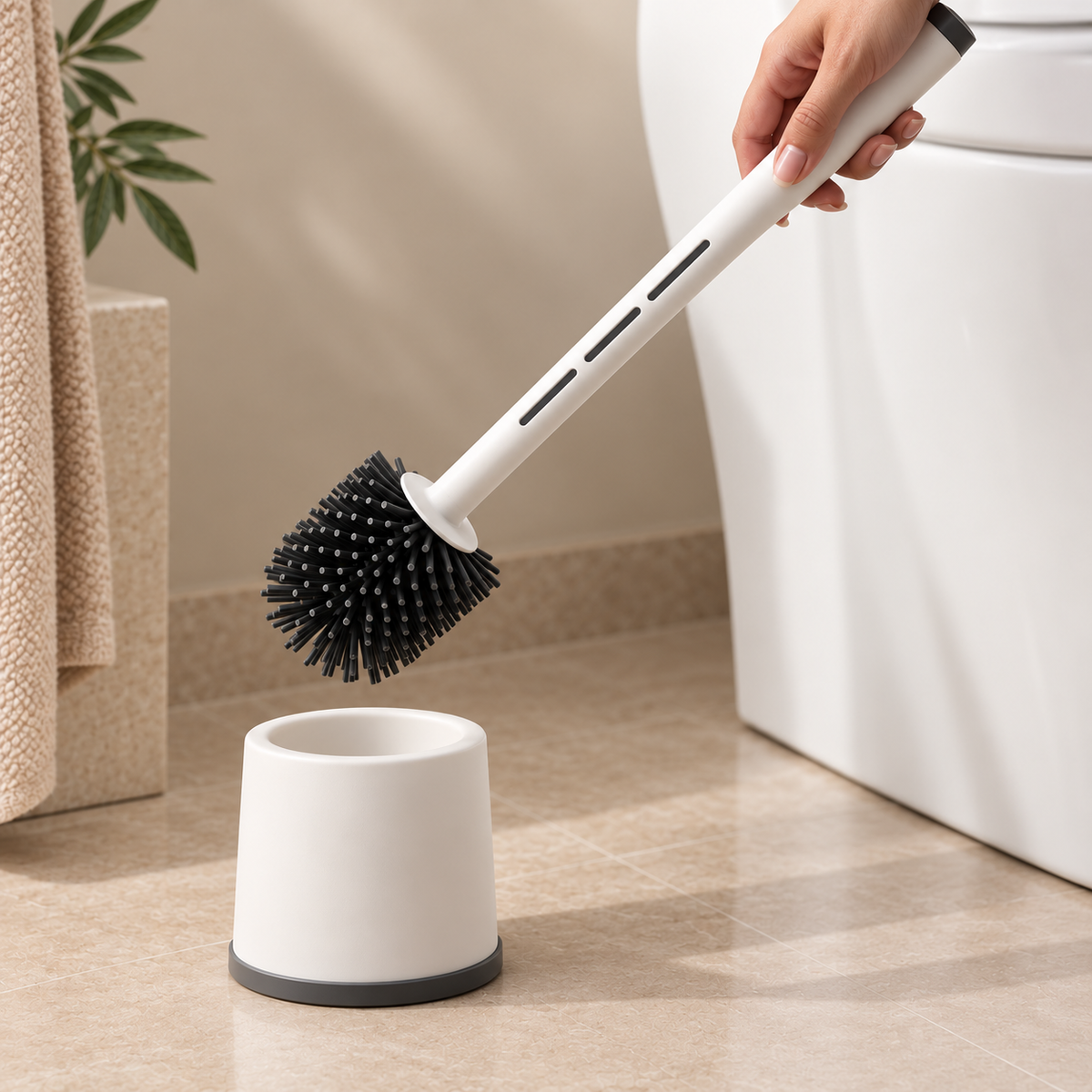 Escobilla de baño blanca en su soporte, junto al inodoro