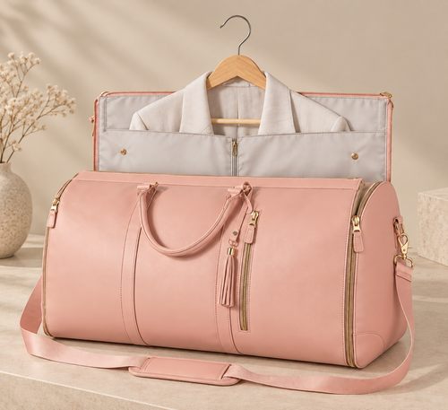 Bolsa de viaje plegable rosa, abierta con una camisa colgada