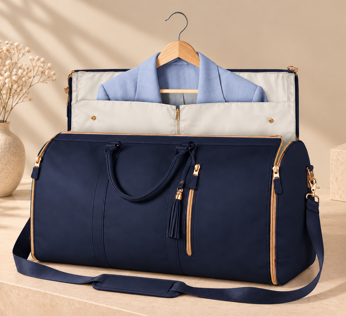 Bolsa de viaje plegable azul marino con una camisa colgada
